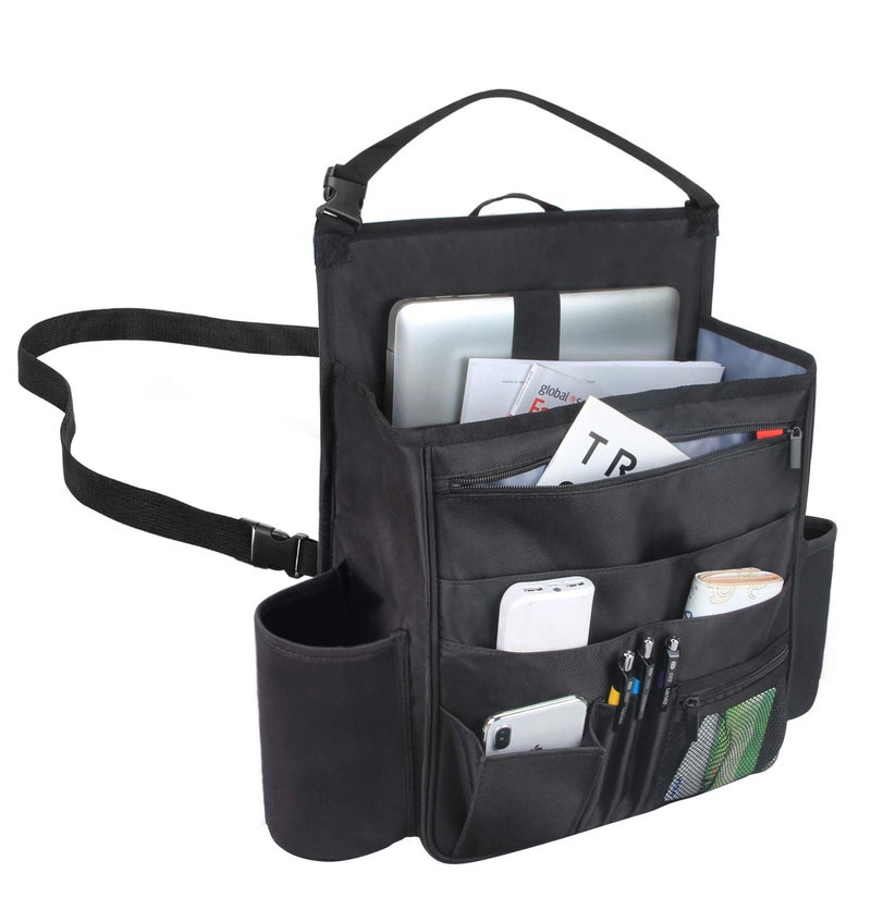 LUXJA Car Front Seat Organizer with Laptop and Tablet Storage Pockets, Car Seat Organizer with Back Adjustable Straps, Black - Image 1